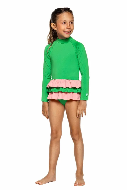 Girl's Kailani Long Sleeve Swimsuit | Green Colorblock Cross-Back Bikini