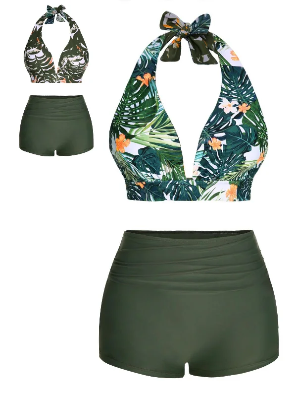 Dark Green 1930s Reversible Halter Swimsuit Classic Monokini Design