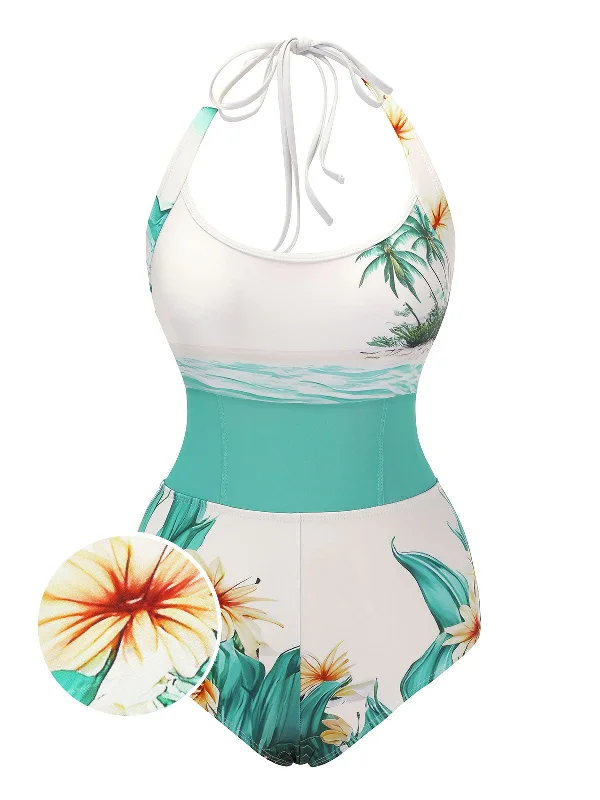1950s Coconut Tree & Beach Patchwork Swimsuit Swim Dress with Belt