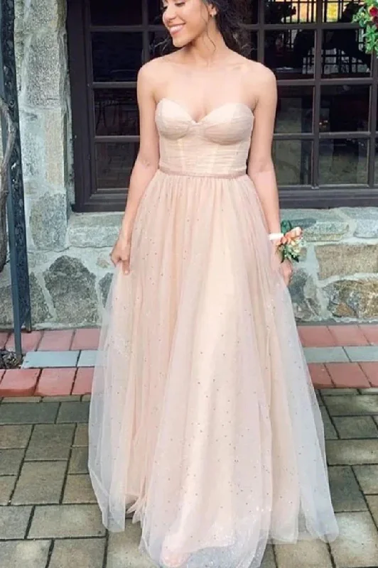 Champagne Sweetheart A-Line Strapless Tulle Long Prom Dress Formal Party Dress,DP1423 Tunics Cozy soft