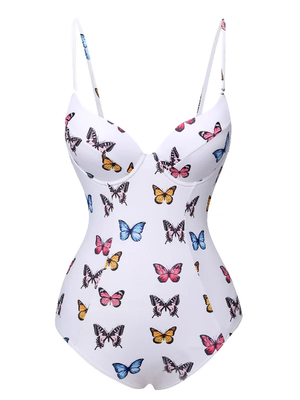 White 1970s Butterfly Strap One-Piece Swimsuit Two-Piece Beachwear
