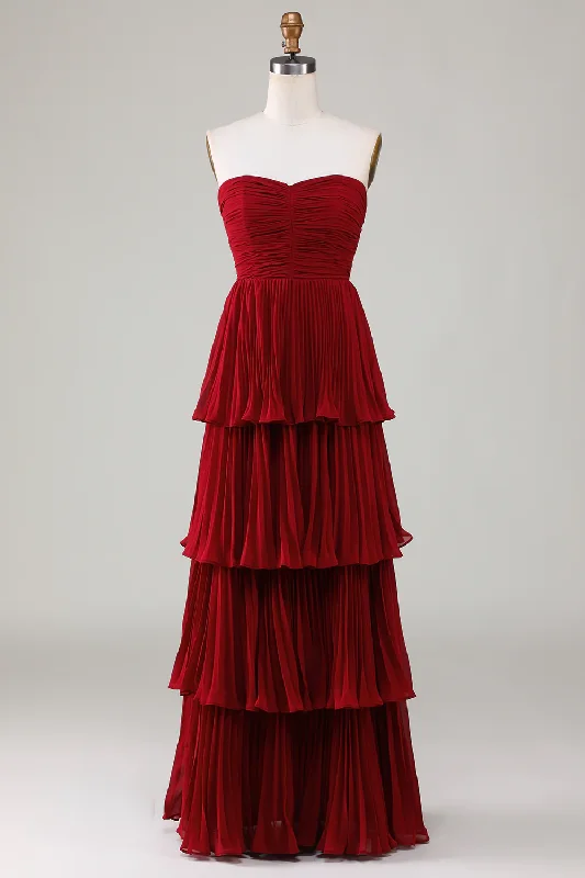 Red A-Line Strapless Tiered Long Prom Dress Elegant Party Dress,DP1517 Tunics Stylish elegant
