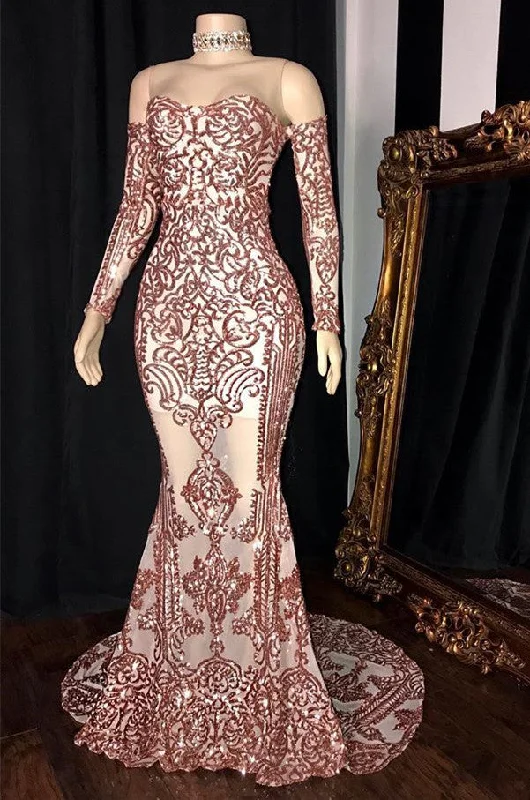 Gorgeous Long Sleeve Rose Pink Prom Dress | Mermaid Long Sequins Evening Party Dress BC1534 Tunics Silk luxurious
