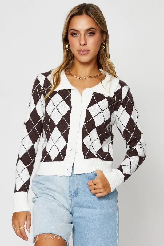 Check Knit Cardigan Long Sleeve Collared Ribbed Striped Patterned