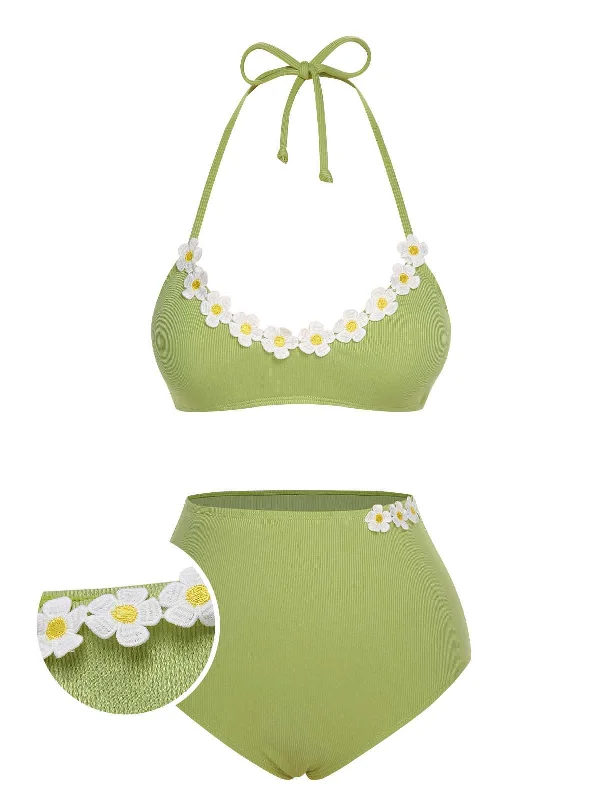 Light Green 1960s Halter Knit Daisy Swimsuit Luxury Swimsuit Style