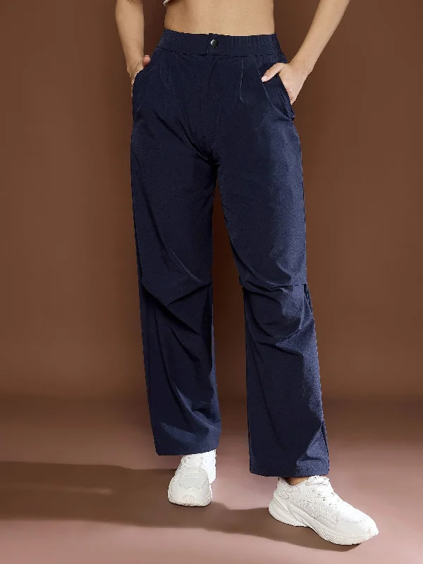 Women Unisex Navy Front Dart Baggy Parachute Pants Formal Dress Pants