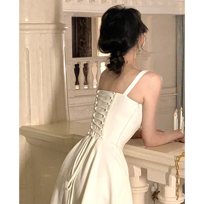 Advbridge French Elegant White Strap Midi Dress Summer New Casual Evening Party Dress Women Beach Sleeveless Lace-up Red Dress Korean Off-the-shoulder Bohemian Festive