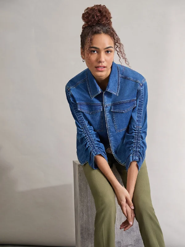 Petite Shirred Sleeve City Denim Jacket, Shore Wash Knit Jacket Woven Jacket Fleece Jacket
