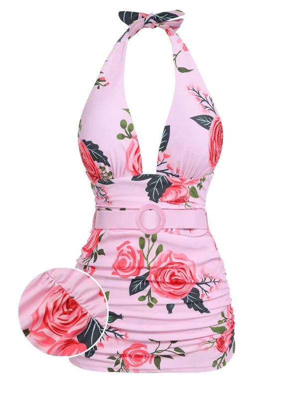 Pink 1930s Roses Halter Belt Swimsuit High-Waist Bikini Set