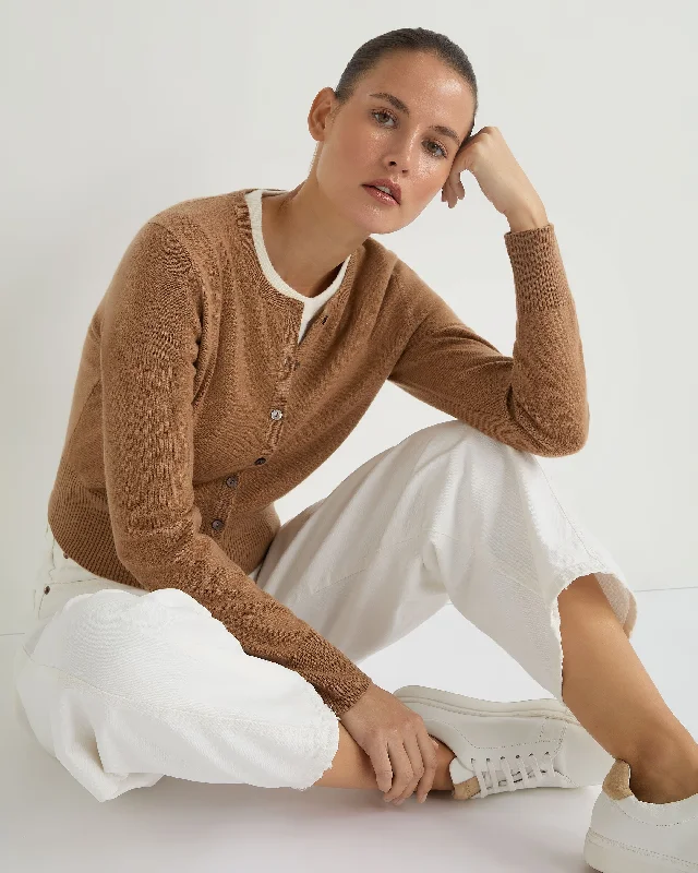 Women's Ivy Cropped Cashmere Cardigan Dark Camel Brown Stretchy Elastic Breathable