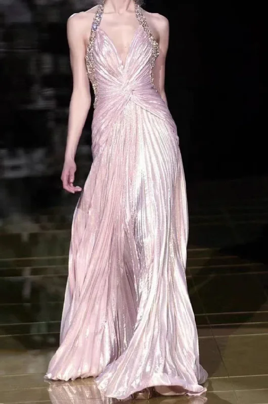 Pink Halter Beading A-Line Formal Party Dress, DP2048 Sequined Elegant Party