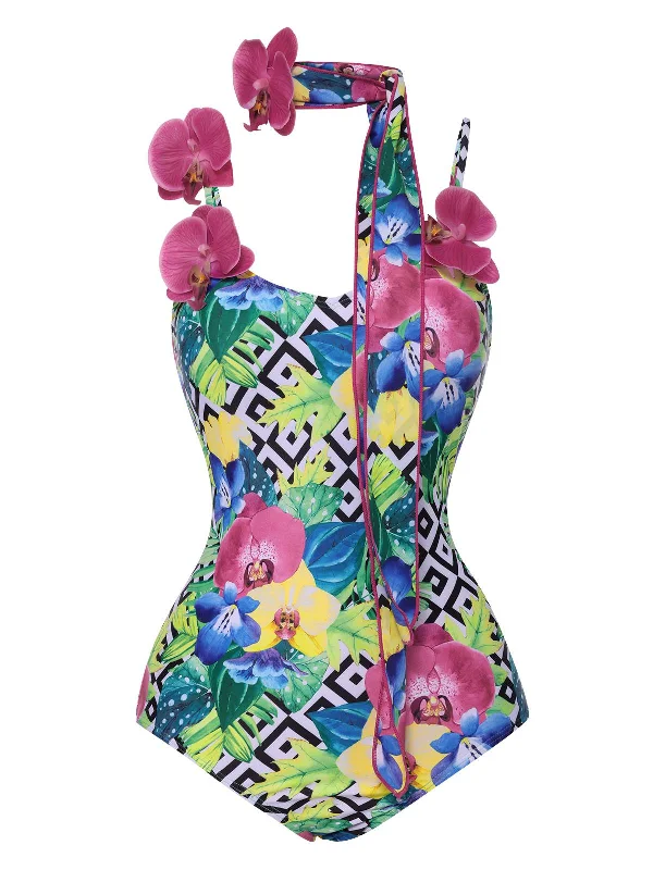 Multicolor 1950s Halter Artificial Flowers Swimsuit Halter Neck Swimsuit