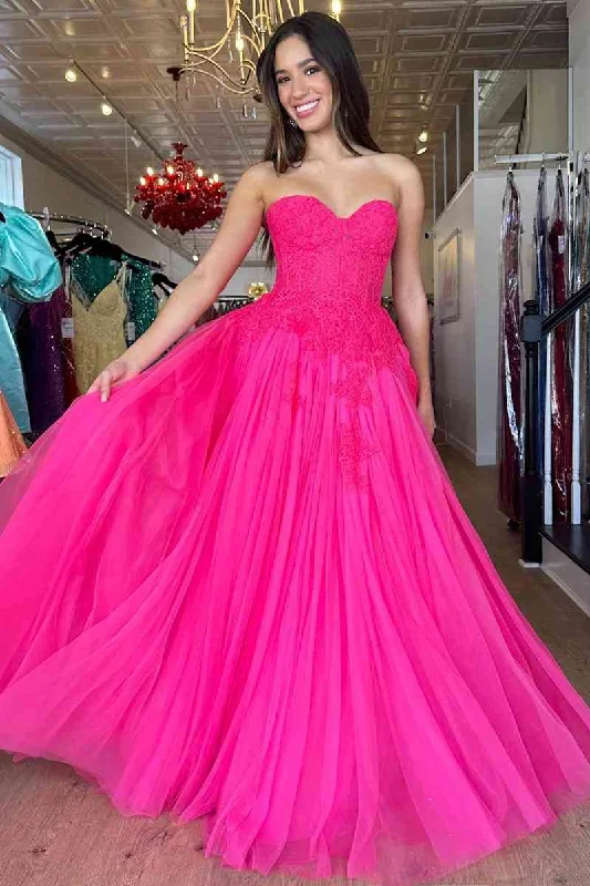Hot Pink Sweetheart A-Line Strapless Long Party Dress with Appliques,DP1575 Tunics Occasion special