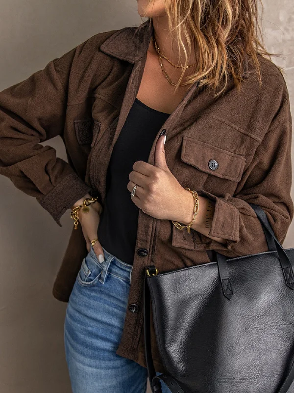 Brown Fleece Shirt Jacket with Cuffs Front Pockets Side Pockets Patch Pockets