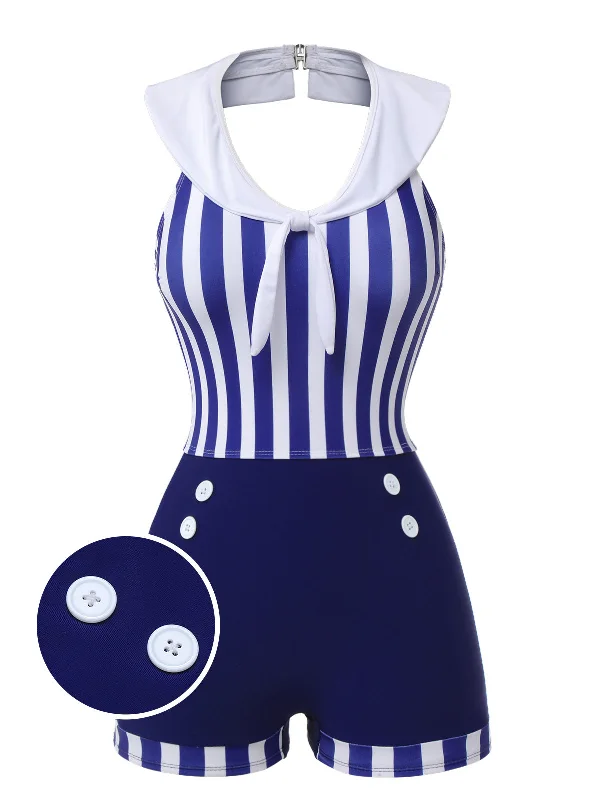 Navy Blue 1950s Striped Navy Collar Swimsuit High-Waisted Swim Bottoms