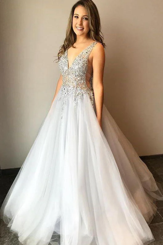 V-neck Beaded Tulle A Line Gray Long Prom Dress Formal Party Dress OK1102 Tunics Timeless classic