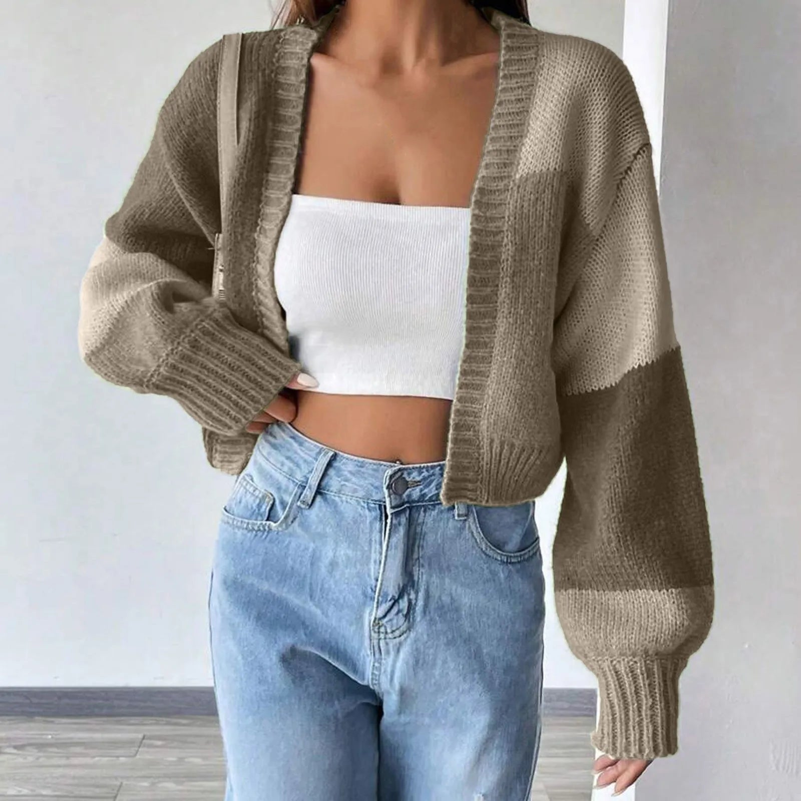 Short Open Color Block Checkered Casual Crochet Cardigan Sweater Iron Safe Non-Iron Wrinkle Free