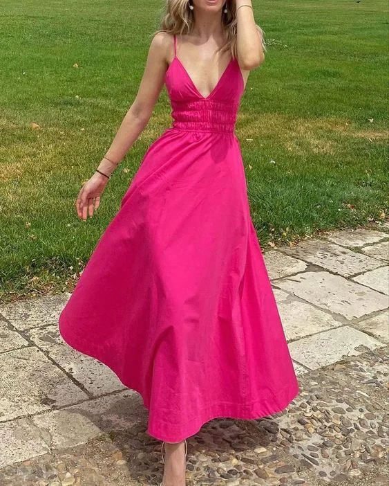 Hot Pink A-Line V Neck Spaghetti Straps Long Party Dress,DP1505 Tunics Seasonal trendy
