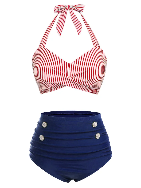 [Pre-Sale] Red & Blue 1940s Striped Halter Swimsuit Set Plunge Neckline Swimsuit