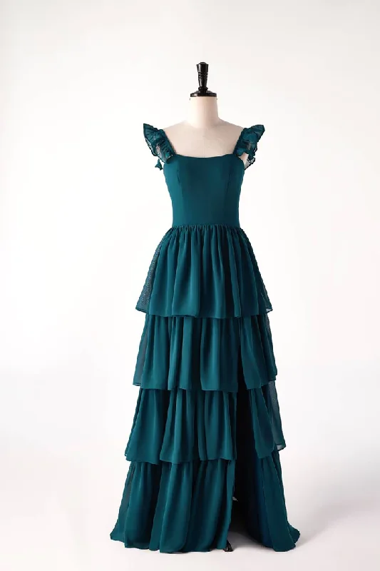 Dark Teal Ruffle Long Party Dress Bridesmaid Dress,DP1818 Tunics Handmade artisanal