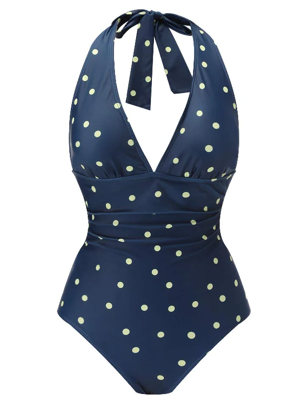 Blue 1960s Polka Dot Patchwork Halter Swimsuit Halter Top Bikini