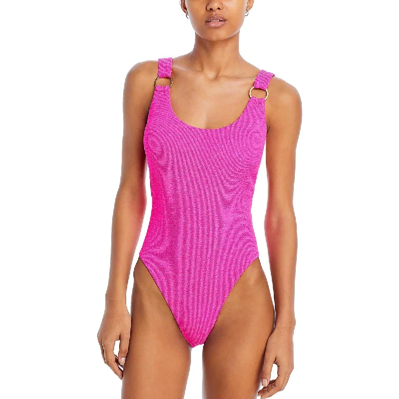 Aqua Swim Womens Metallic Bechwear One-Piece Swimsuit Swim Dress with Belt