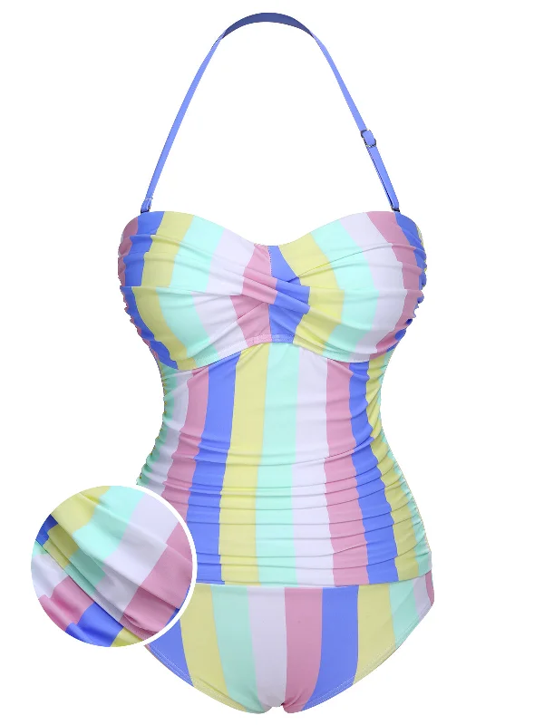 1950s Colorful Striped One-Piece Swimsuit Classic Sporty Swimsuit