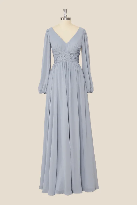 Grey Long Sleeves Chiffon A-Line Long Party Dress Bridesmaid Dress,DP1819 Tunics Top rated