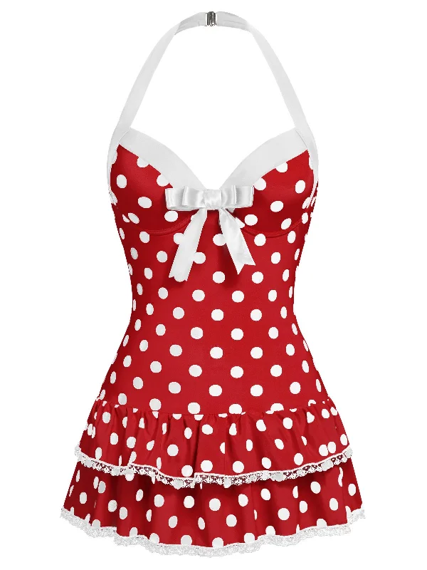 Red 1940s Polka Dots Halter One-Piece Swimsuit Comfortable Swim Dress