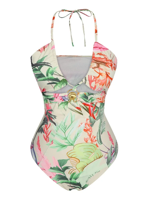 Multicolor 1960s Chest Buckle One-Piece Swimsuit Mesh Detail Bikini