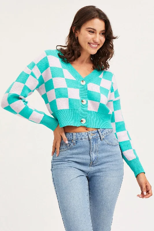 Check Knit Cardigan Long Sleeve Crop V-Neck Herringbone Houndstooth Plaid