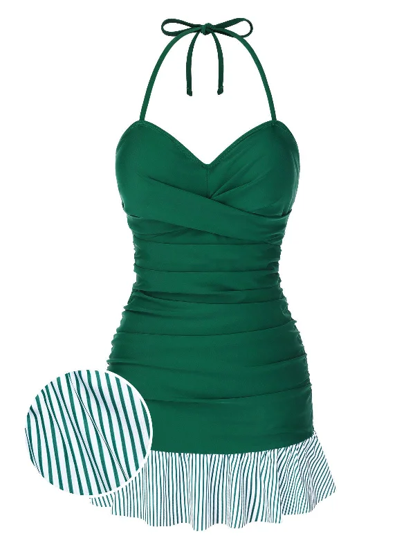 [Pre-Sale] Green 1930s Striped Ruffles Ruched Halter Swimsuit Solid Color Swimsuit