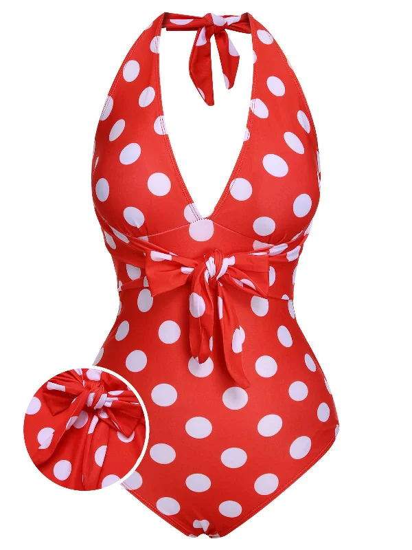 1930s Halter Lace-Up Polka Dots One-Piece Swimsuit Mesh Swimsuit Top
