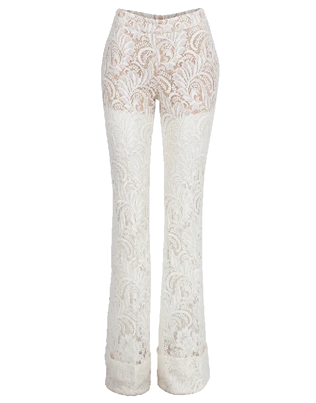 Floral Lace Boot Cut Pant Elegant Wool Trousers