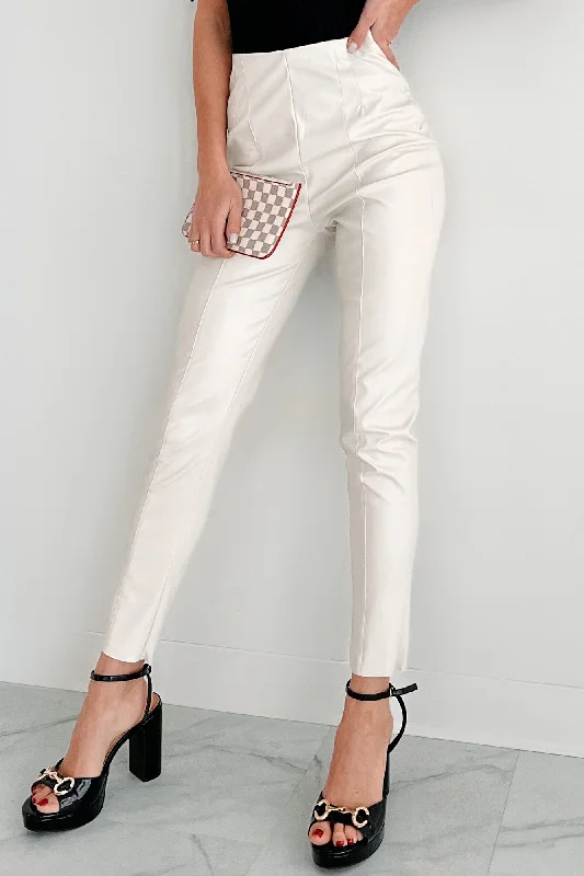 Downtown Dates Faux Leather Skinny Pants (Cream) Trendy High-Waist Trousers