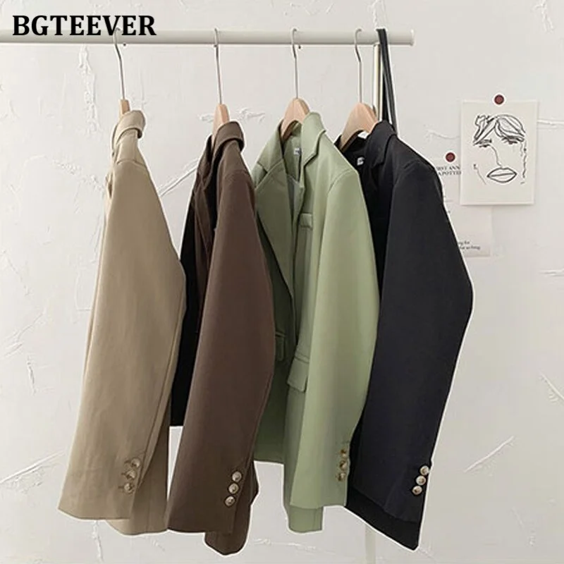 BGTEEVER Casual Basic Notched Collar Solid Suit Jackets Female Single-breasted Loose Women Blazer Autumn Winter Outwear 2022 Fleece Jacket Down Jacket Feather Jacket