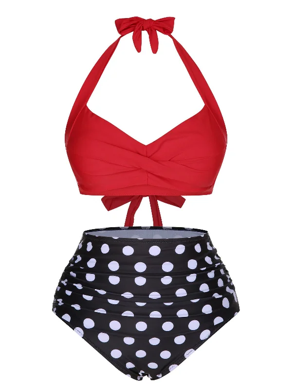 1960s Polka Dot Halter Back Strap Swimsuit Vintage Swimwear Look