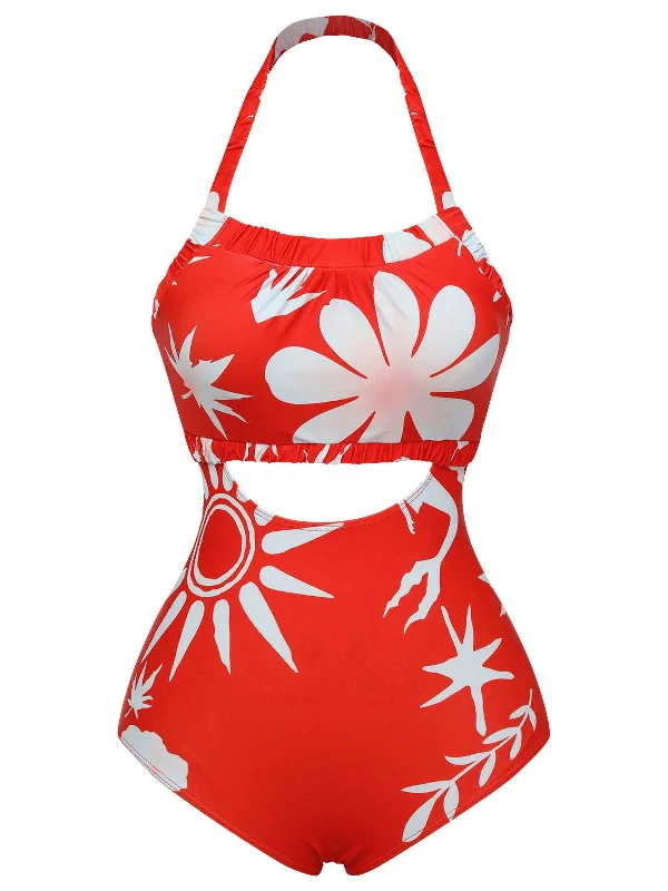 Red 1930s Halter Floral One-Piece Swimsuit Elegant Halter Bikini
