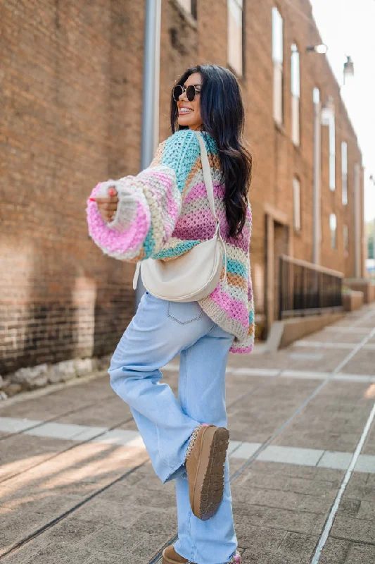 Forgot You Existed Pink, Orange, and Yellow Multi Striped Cardigan Velvet Chenille Corduroy