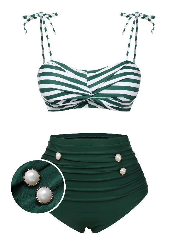 Green 1960s Stripe Shoulder Straps Swimsuit Soft Beachwear Set
