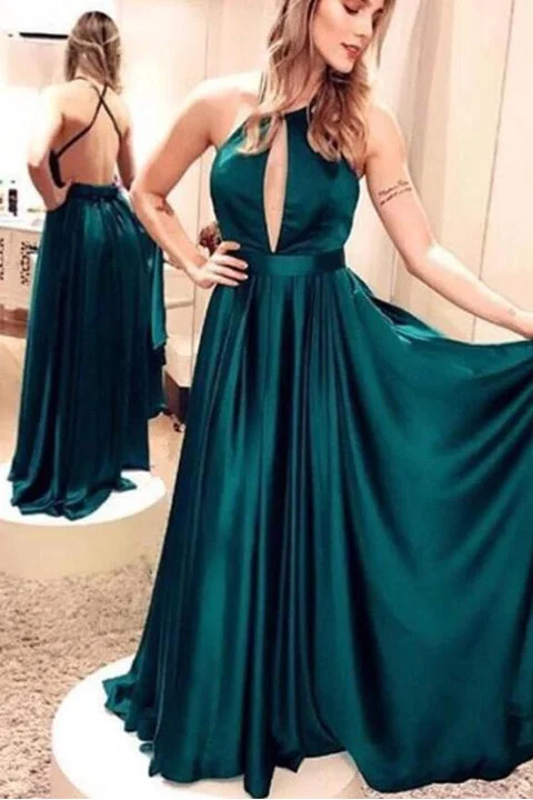 Elegant Open Back Dark Green Prom dressHalter Floor Length Evening Party Dress Tunics Chic fashionable