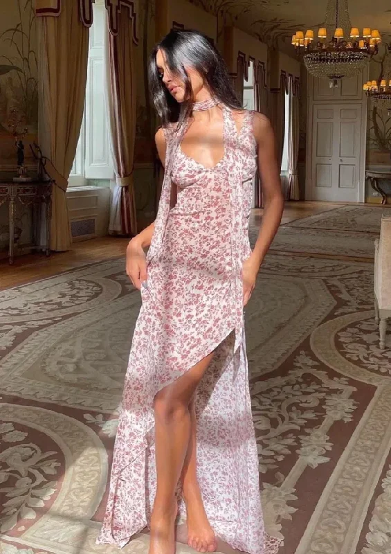 Elagant Floral Straps Backless Chiffon Long Party Dress, DP2346 Tunics Occasion special