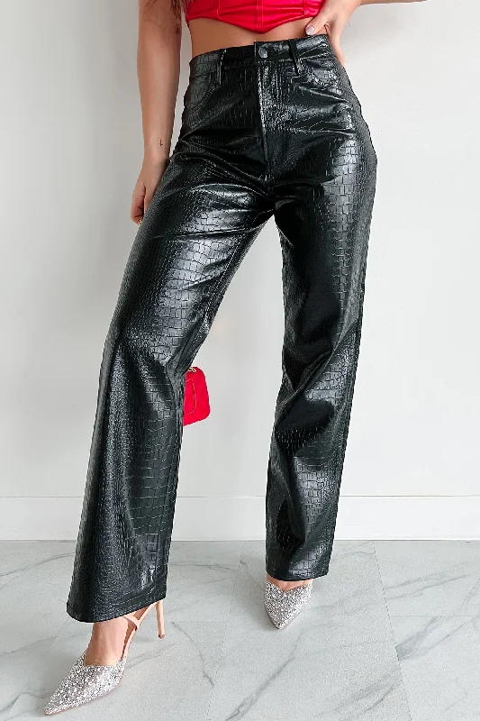 Crocodile Tears Faux Croc Straight Leg Pants (Black PU) Modern Skinny Pants