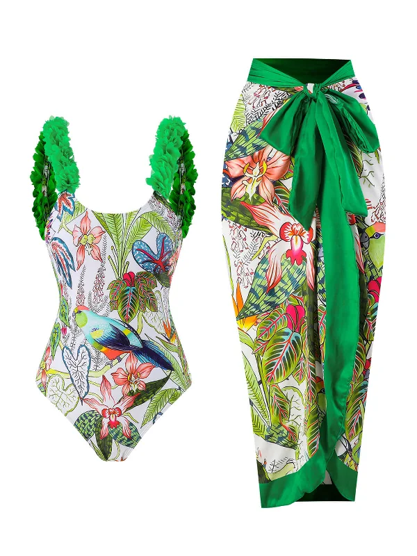Green 1960s Floral Bird Swimsuit & Cover-Up Full Coverage Swimsuit