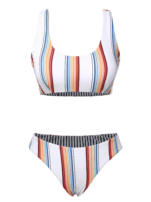 White 1950s Strap Stripes Swimsuit Bold Color Swimsuit