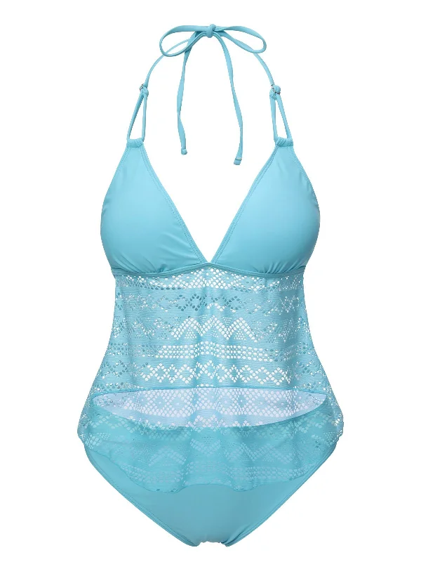 Light Blue 1930s Lace Hollow Halter Swimsuit Tropical Print One-Piece