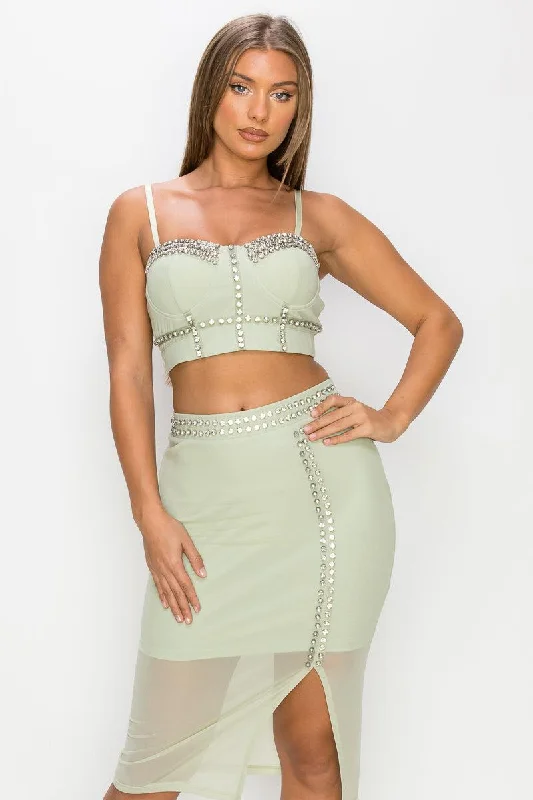 Studded Stone Cami Top & Slit Mini Skirts Set cashmere skirt soft