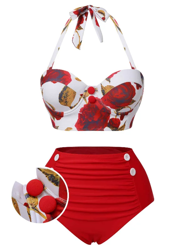 Red 1940s Halter Roses Swimsuit Plus-Size Bikini Set