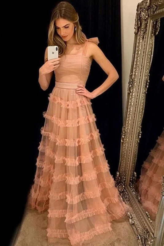 Pink Straps A-Line Tulle Long Party Dress,DP1786 Tunics Bestseller popular