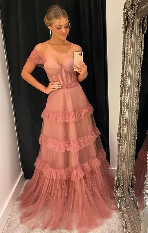Pink Off Shoulder A-Line Tulle Long Party Dress,DP1782 Bodycon Fitted Nightout